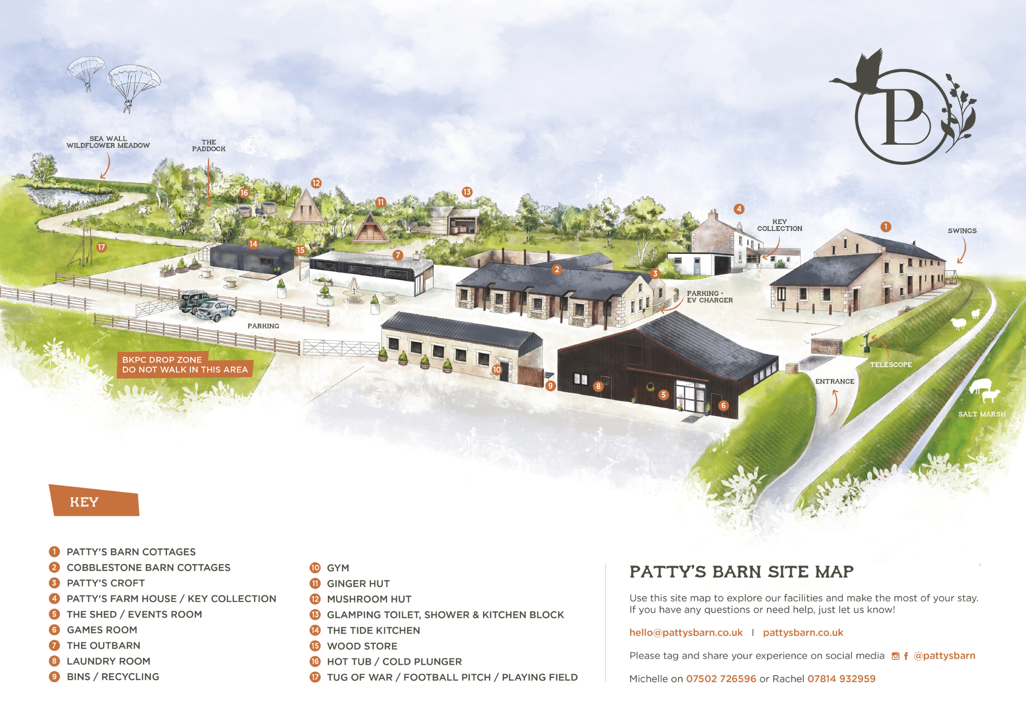 Illustrated site map showing accommodation and spaces at Patty’s Barn